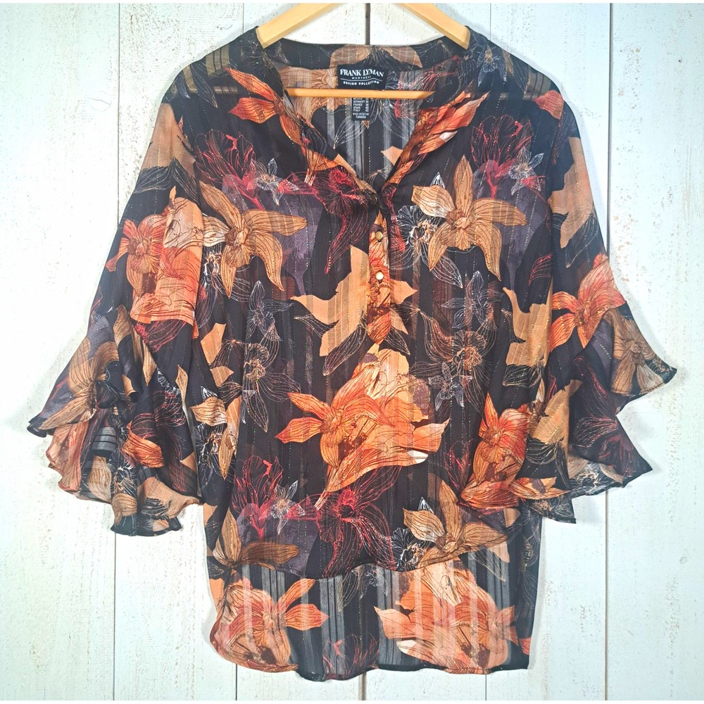 Frank Lyman Whimsigoth Flutter Sleeve Sheer Tiered Floral Metallic Stripe Top 8